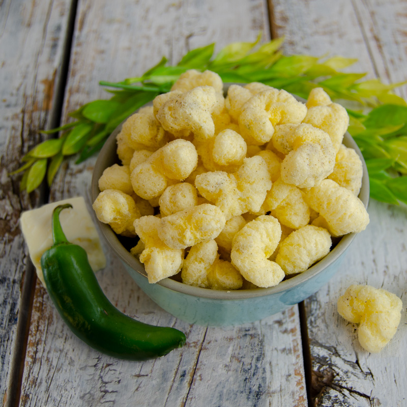 white cheddar corn puffs with jalapeno